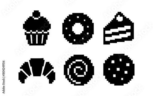Retro pixel art sweets collection: cupcake, donut, cake, croissant, swirl, cookie
