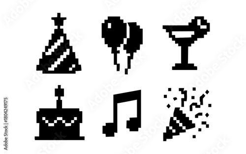 Pixel art party icons: hat, balloons, cocktail, cake, music, confetti