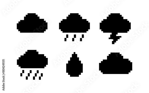 Pixel art weather icons: clouds, rain, and lightning in minimalist style
