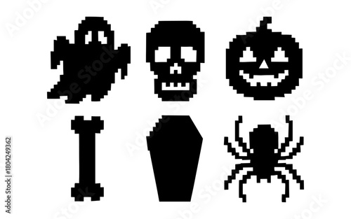 Pixel art halloween icons featuring ghost, skull, pumpkin, bone, coffin, and spider