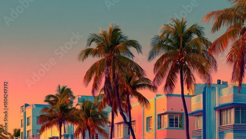Colorful art deco buildings and palm trees at sunset.