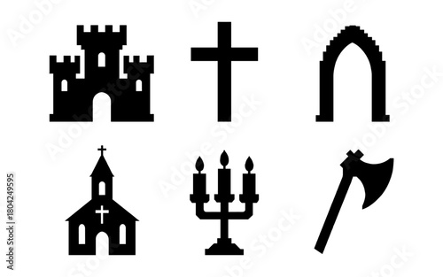 Medieval silhouette icons collection featuring castle, cross, church, axe, arch, and candelabra