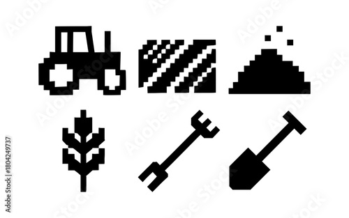 Pixel art agricultural icons: tractor, field, crop, shovel, soil, and tool set