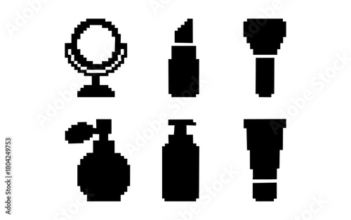 Pixel art cosmetic icons set: mirror, lipstick, brush, perfume, lotion