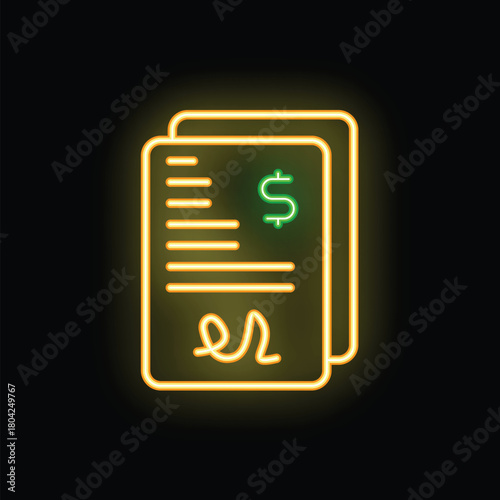Glowing neon icon of signing contract with dollar sign and signature on dark background