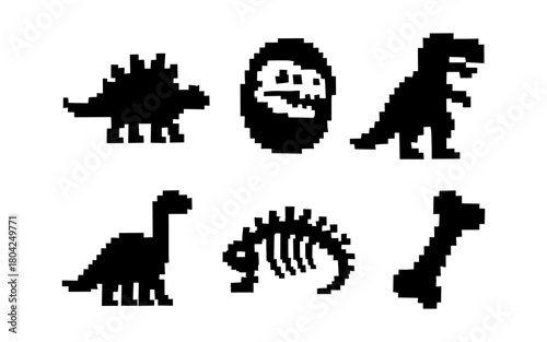Pixel art dinosaur icons featuring skeletons and bones