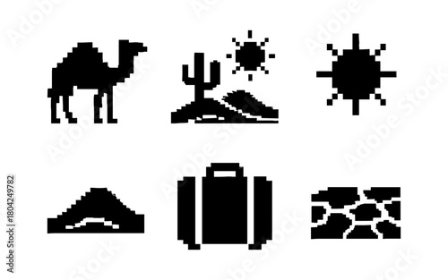 Pixel art desert icons: camel, cactus, sun, mountain, suitcase, rocks