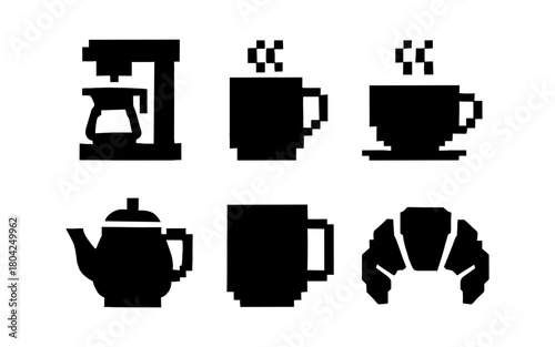 Pixel art coffee icons: retro style silhouettes of mugs, cups, and teapot