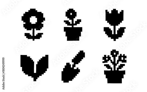 Retro pixel garden icons: black and white floral set with gardening tools
