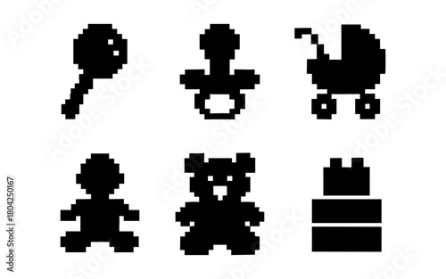 Pixelated baby toys: rattle, pacifier, stroller, blocks, teddy bear, doll