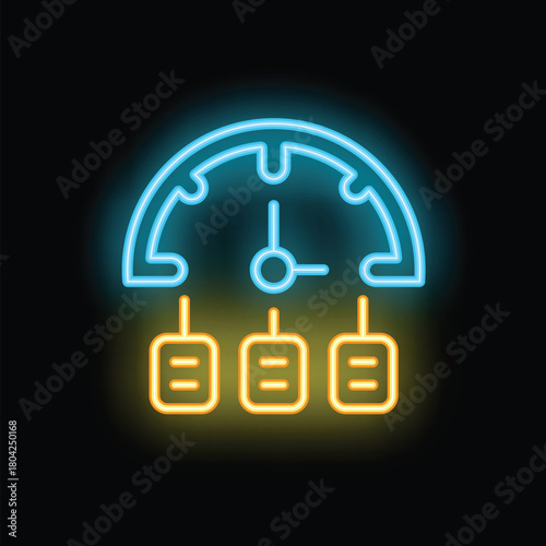 Neon glowing icon of a speedometer showing servers connected to a network over a period of time