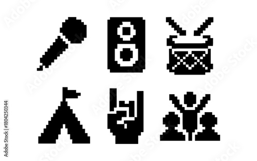 Pixel art icons of microphone, speaker, drums, tent, rock sign, and crowd