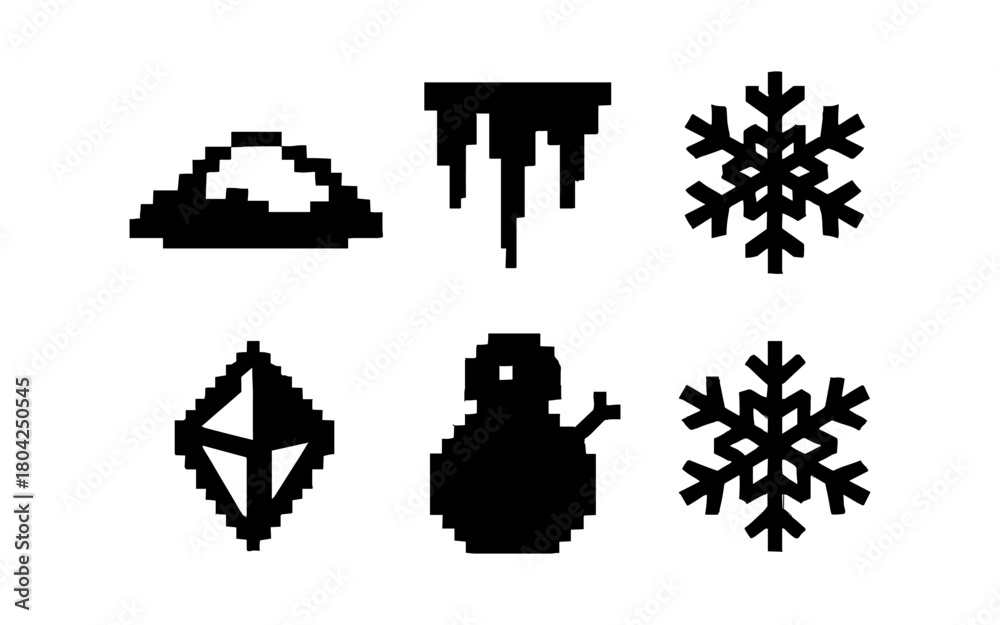 Obraz premium Pixel art winter icons: snowflake, snowman, icicles, and more