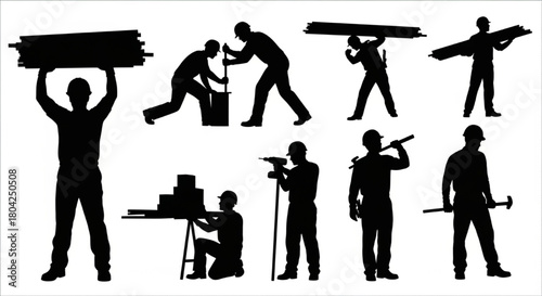 Construction Workers Silhouette Vector Set – Labor Crew Doing Various Activities, Industry Tools, Editable Isolated Outline Illustration


