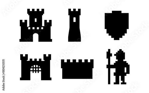Pixel art icons of castles, towers, shields and medieval knight