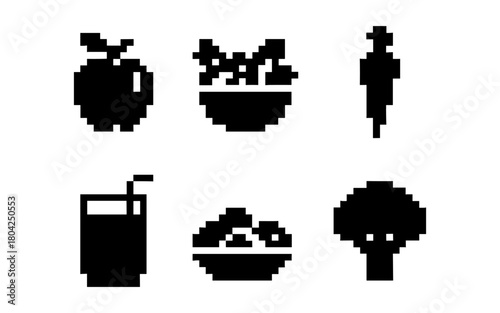 Pixel art food and drink icons: fruit, vegetables, juice, and salad