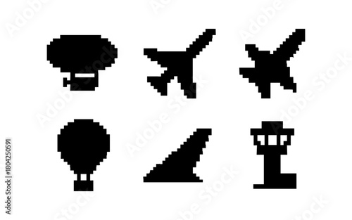 Silhouette icons of air travel elements: plane, airship, hot air balloon, control tower