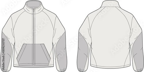 Sporty front and back jacket CAD drawing flat vector illustration, modern casual outerwear technical fashion design template for apparel production