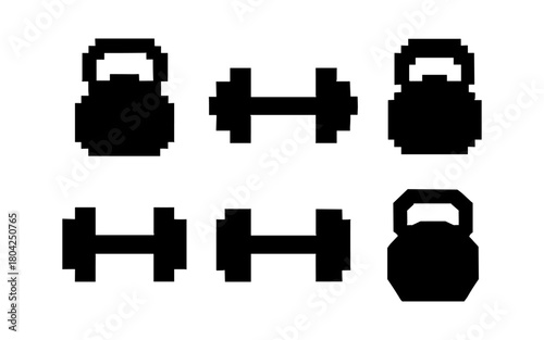 Pixelated dumbbells and kettlebells: retro gym equipment icons for fitness design