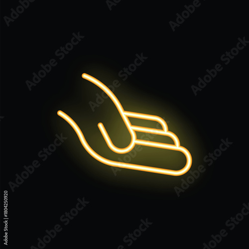 Neon sign of an open hand with the palm up on a black background