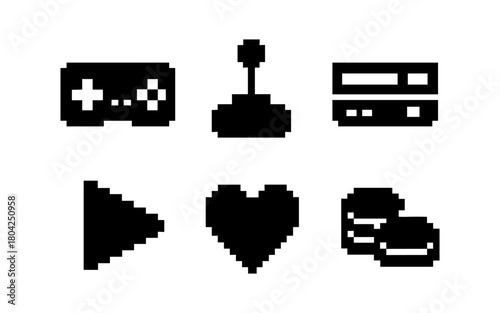 Retro gaming icons set in pixel art style featuring classic consoles and controllers