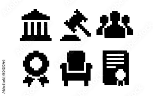 Retro pixel law icons set featuring gavel, court, and legal symbols