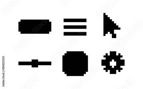 Retro pixel icons collection: cursor, buttons, gear, minus sign in black