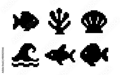 Pixelated sea life icons featuring fish, coral, shell, and waves