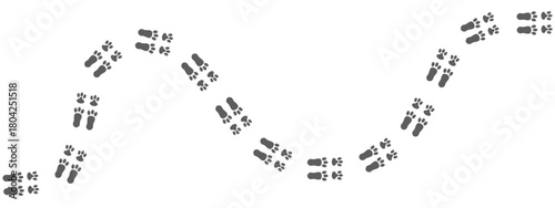 Silhouette graphic with curved path of animal paw prints, representing the walking tracks of a bunny, rabbit