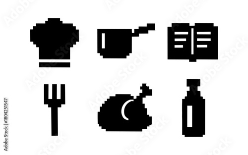 Pixel art kitchen icons: cook hat, utensils, recipe book, chicken, bottle