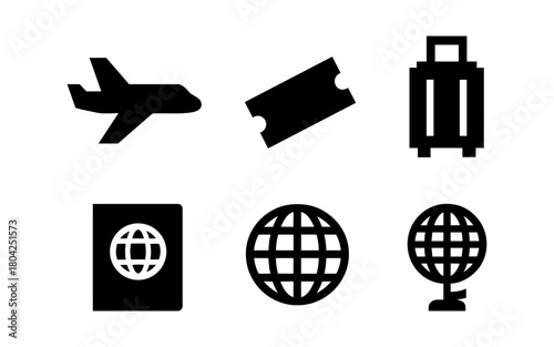 Travel icons set: airplane, ticket, luggage, passport, globe - simple black silhouette style