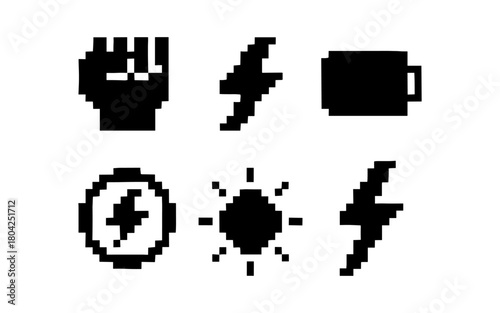 Retro pixel icons of energy and coffee with sun and lightning symbols