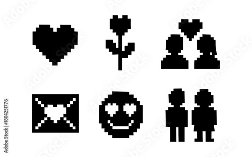Retro pixel art icons: love and relationships in bold black silhouette design