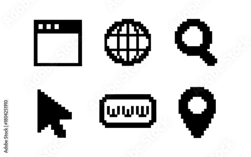 Pixel art internet icons set: browser, globe, magnifying glass, cursor, url, location