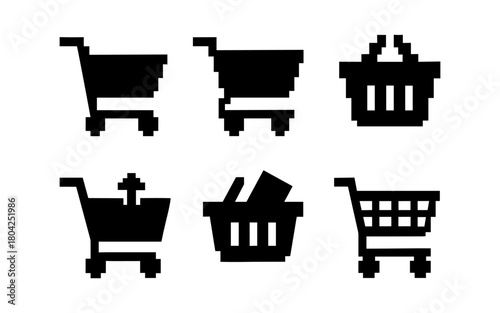 Pixel art shopping carts and baskets: retro black icons for e-commerce and retail
