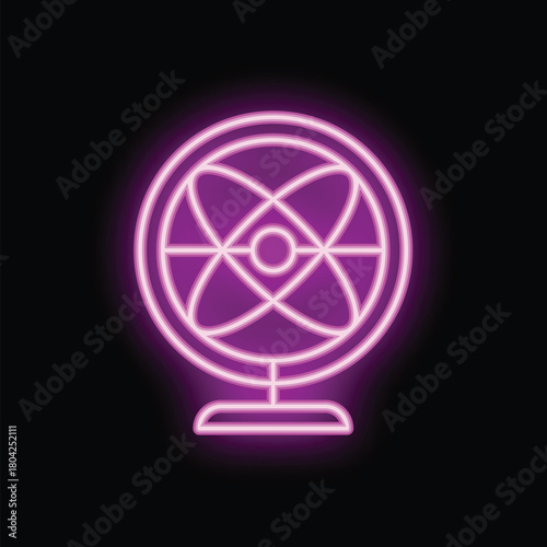 Neon atom symbol glowing on black background representing science and knowledge