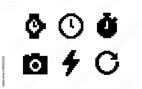 Minimalist pixel style icons of clocks and gadgets in black and white