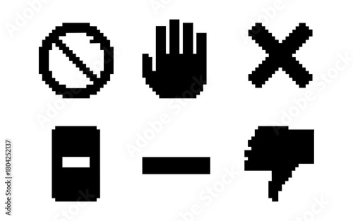 Retro pixel art symbols for negative actions and warnings