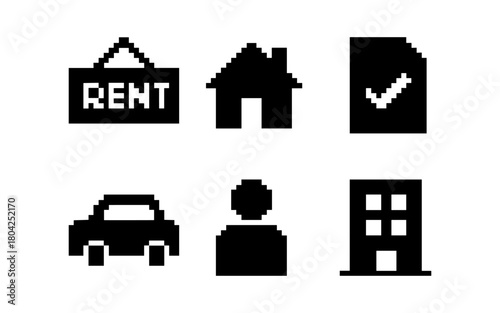 Pixel art real estate icons: rent, house, document, car, person, building