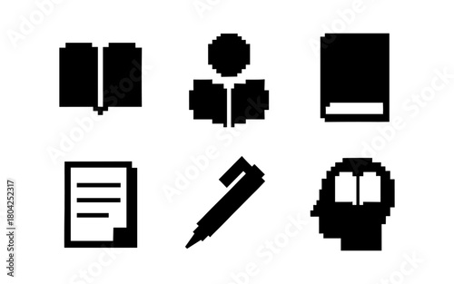 Pixel art book and stationery icons set in black and white