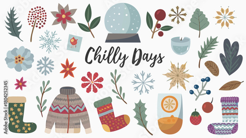 A lively winter scene with a cozy atmosphere featuring charming elements and a vibrant color palette perfect for seasonal design projects