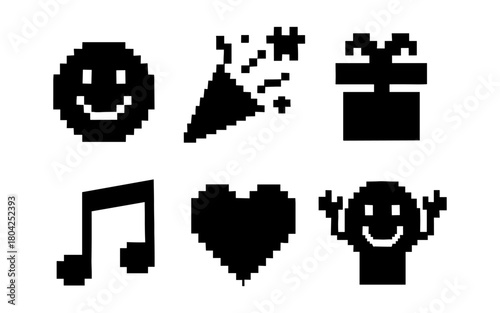 Pixel art icons: smiley, party, gift, music note, heart, celebrating