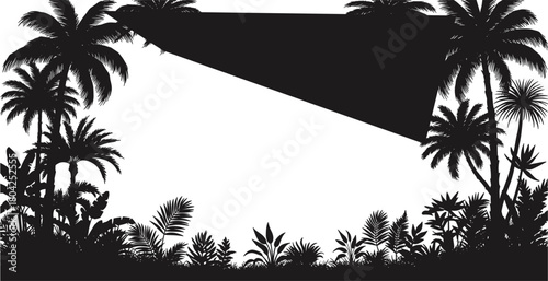 Tropical jungle palm tree silhouette vector illustration, exotic forest landscape with hammock and plants, summer beach nature design background for travel artwork.