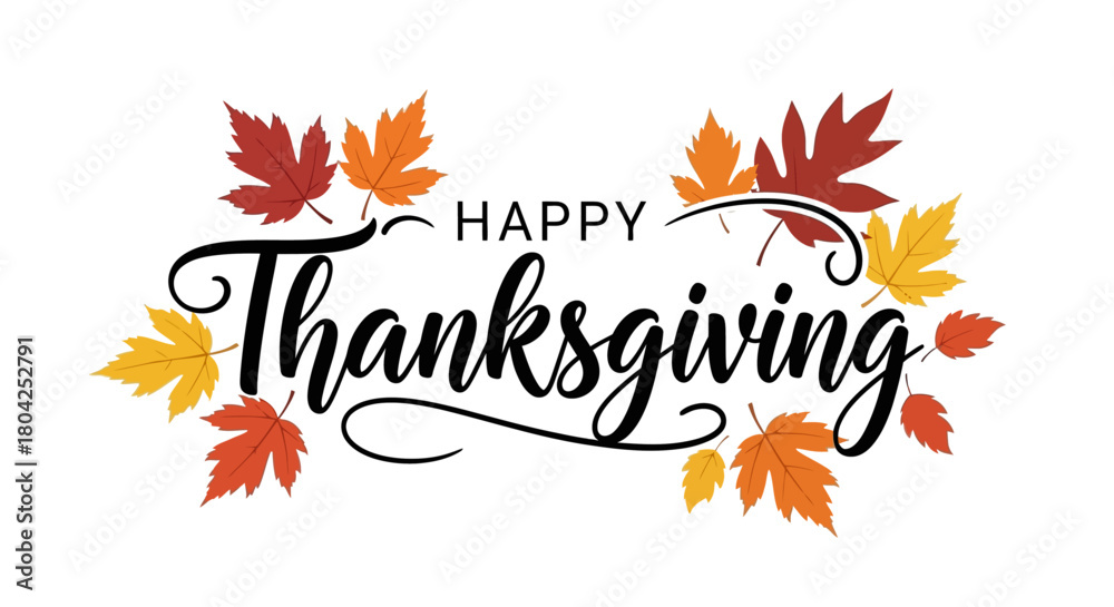 Naklejka premium Elegant Happy Thanksgiving Calligraphy with Autumn Leaves Decoration