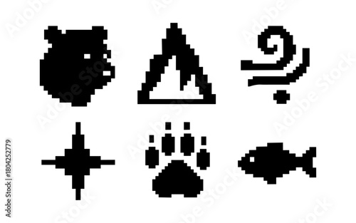 Set of pixel art icons: bear, fire, question, compass, paw, fish