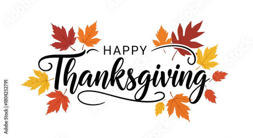 Elegant Happy Thanksgiving Calligraphy with Autumn Leaves Decoration