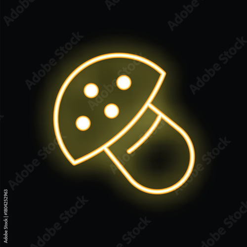 Bright yellow neon sign showing a mushroom with a yellow glow on black background