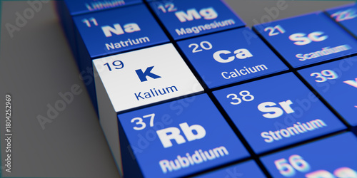 Detail view of chemical element K Potassium (German: Kalium) with atomic number 19 within the periodic table of elements in German. Dynamic dispersion effect at the corners and shallow depth of field.