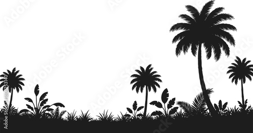 WebTropical palm tree forest silhouette vector illustration, exotic jungle landscape background with plants and grass, summer paradise nature design for travel artwork.