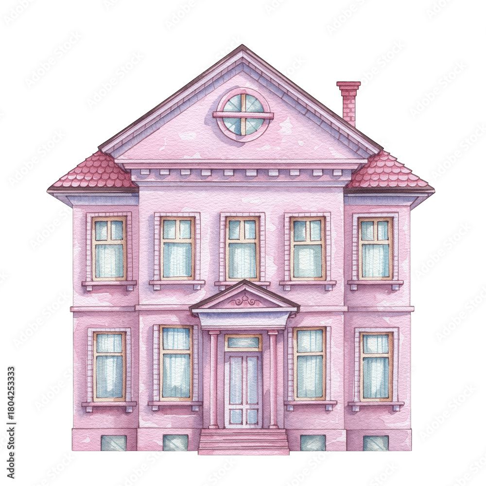 Fototapeta premium Pastel Pink Victorian Style House With White Windows And Red Roof Detailed Exterior Architecture